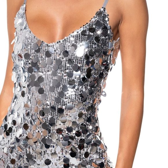 Callie Big Coins: Sequin Silver Scoop Neck Mini Dress Medium - Picture 2 of 6